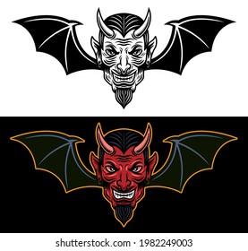 Devil head with bat wings two styles black on white and colored on dark background vector illustration