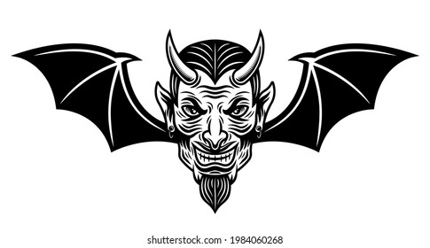 Devil head with bat wings vector illustration in monochrome tattoo style isolated on white background