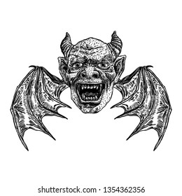 Devil head and big demon horns antlers   sharp fangs  Satan Lucifer fallen angel depiction and vampire wings  Gargoyle human like chimera fantastic beast creature and scary face  Vector  