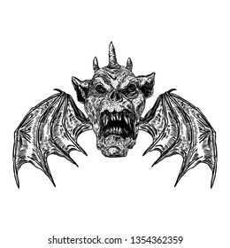 Devil head and big demon horns antlers   sharp fangs  Satan Lucifer fallen angel depiction and vampire wings  Gargoyle human like chimera fantastic beast creature and scary face  Vector  