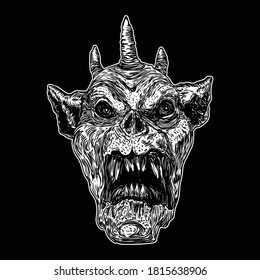 Devil head and big demon horns antlers   sharp fangs  Satan Lucifer fallen angel depiction  Gargoyle human like chimera fantastic beast creature and dark scary face  Vector  
