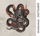 devil head and black cobra snake for tattoo or t-shirt design