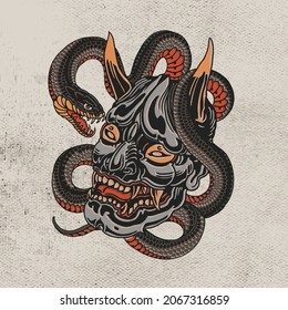 devil head and black cobra snake for tattoo or t-shirt design