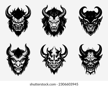Devil head black and white illustration logo set
