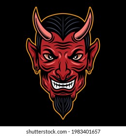 Devil head colored illustration in cartoon style isolated on dark background