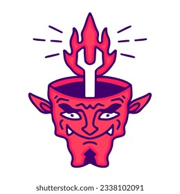 Devil head with flaming wrench inside, illustration for t-shirt, sticker, or apparel merchandise. With doodle, retro, and cartoon style.