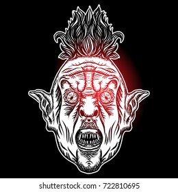 Devil head illustration. Nightmare inspired satanic influence punk face with mohawk, dark twist face gesture. Possessed by demon, rock mascot. Vector.