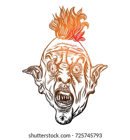 Devil head illustration. Nightmare inspired satanic influence punk face with mohawk, dark twist face gesture. Possessed by demon, rock mascot. Vector.