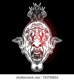 Devil head illustration. Nightmare inspired satanic influence punk face with mohawk, dark twist face gesture. Possessed by demon, rock mascot. Vector.