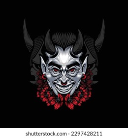 Devil head illustration smirking with oni in the background and red sakura petals