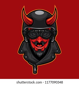 Devil head mascot wearing motorcycle helmet.