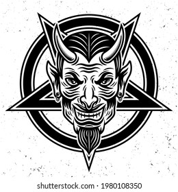 Devil head and pentagram star vector illustration in monochrome style isolated on white background