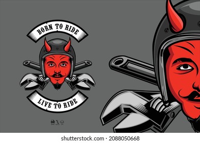DEVIL HEAD RACER AND WRENCH ILLUSTRATION WITH A GRAY BACKGROUND