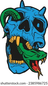 Devil Head Skull with Snake coming out from it mouth