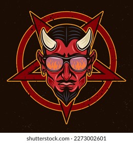 Devil head in sunglasses that reflect flame and pentagram upside down star vector illustration in colorful style on dark background