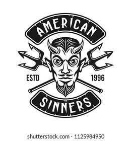 Devil head with two crossed tridents and text american sinners vector monochrome biker emblem or t shirt print isolated on white background