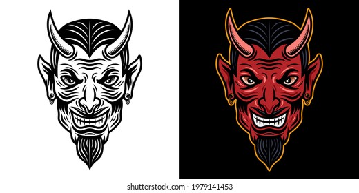 Devil head in two styles black on white and colorful on dark background vector illustration