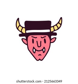 Devil head with vintage hat, illustration for t-shirt, sticker, or apparel merchandise. With doodle, retro, and cartoon style.