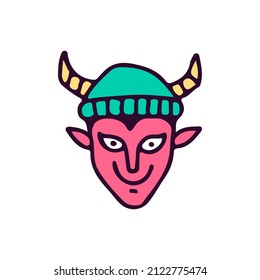 Devil head wearing beanie hat, illustration for t-shirt, sticker, or apparel merchandise. With doodle, soft pop, and cartoon style.