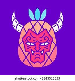 Devil head wearing pineapple mask, illustration for t-shirt, sticker, or apparel merchandise. With doodle, retro, groovy, and cartoon style.