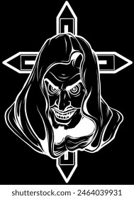 devil head in white line on black background