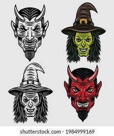 Devil head and witch head set of vector objects or design elements in two styles black and colorful