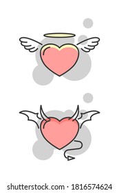 Devil heart and angel heart illustration. Flat style. Isolated. 