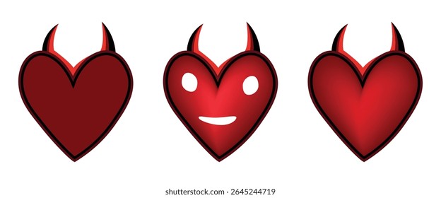 Devil heart emojis with horns in different expressions – red love icon vector set