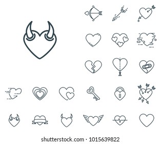 Devil Heart icon in set on the white background. Set of thin, linear and modern hearts icons. Universal linear icons to use in web and mobile app.