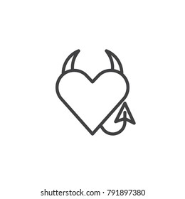 Devil heart line icon, outline vector sign, linear style pictogram isolated on white. Heart with devil horns and a tail symbol, logo illustration. Editable stroke