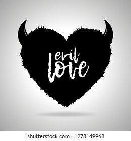 Devil heart logo. black silhouette of a heart with evil horns and the inscription EVIL LOVE. sign and symbol of strange and prickly love