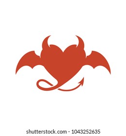 Devil Heart Logo. Red Heart Silhouette With Evil Wings, Horn And Sharp Tail With Arrowhead. Strange Love Elegant Symbol.