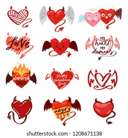 Devil heart vector love red symbol with horns on loving valentine day card romantic illustration lovely set of hearted evil demon sign with tale isolated on white background