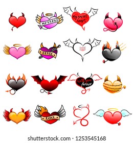 Devil heart vector love red sweetheart with horns on loving valentine day card illustration lovely romantic set of hearted evil demon sign with tale isolated on white background