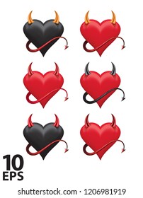 Devil Hearts With Sharp Horns And A Tail Set. Vector 3d Illustration