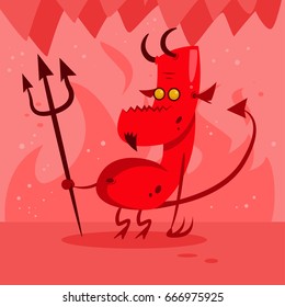 Devil in hell. Cute demon with horns, tail with trident. Vector cartoon illustration of a red monster.