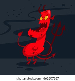 Devil in hell. Demon with horns, tail and trident. Vector cartoon illustration of a red monster.