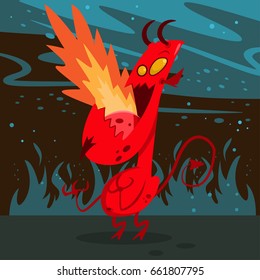 Devil In Hell. Demon With Horns, Tail And Fire From The Mouth. Vector Cartoon Illustration Of A Red Monster.