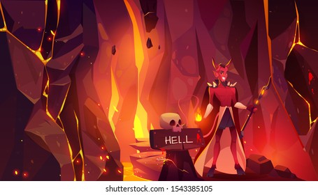Devil in hell, horned heck with hooves hold pitchfork stand at entrance to infernal hot cave with lava, burning fire and scull on signboard, path paved with rocks and bones Cartoon vector illustration