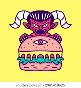 Devil holding one eye burger, illustration for t-shirt, sticker, or apparel merchandise. With doodle, retro, and cartoon style.