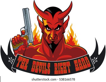 devil holding pistol and banner with the text The Devils Right Hand