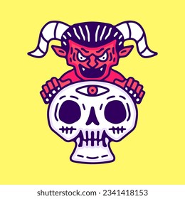 Diablo sostiene cabeza de cráneo, ilustración para camiseta, pegatina o mercadería de ropa. Con doodle, retro y estilo de caricatura.