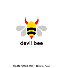 The devil honey bee bug cute character flying with red devil's horns logo icon design vector illustration template