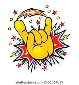 Devil horn gesture sign in comic style. Rock and roll, fan culture, hand gesturing concept. Vector on transparent background