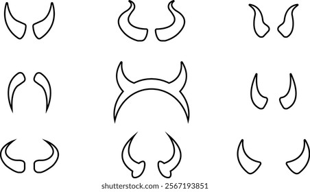 Devil horn icon set. Black vector line demon or satan Halloween carnial elements collection. Mobil app attributes template design symbol isolated on transparent background.