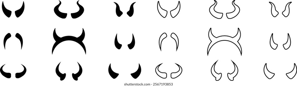 Devil horn icon set. Black vector flat and line demon or satan Halloween carnial elements collection. Mobil app attributes template design symbol isolated on transparent background.