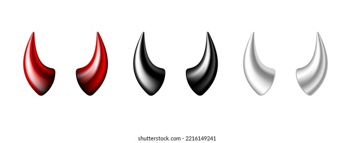 Devil horn set. Black, red and white demon or satan Halloween carnival elements. Vector illustration isolated on white background
