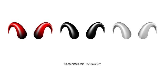 Devil horn set. Black, red and white demon or satan Halloween carnival elements. Vector illustration isolated on white background