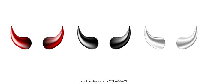Devil horn set. Black, red and white demon or satan Halloween carnival elements. Vector illustration isolated on white background