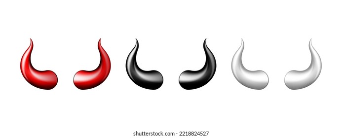 Devil horn set. Black, red and white demon or satan Halloween carnival elements. Vector illustration isolated on white background